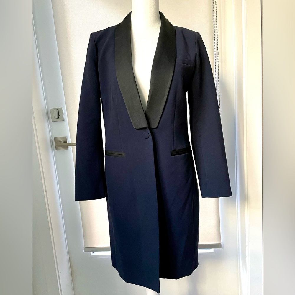 Claudie Pierlot Gatsby Tuxedo Knee-Length Single-Breasted Coat Navy Blue 36